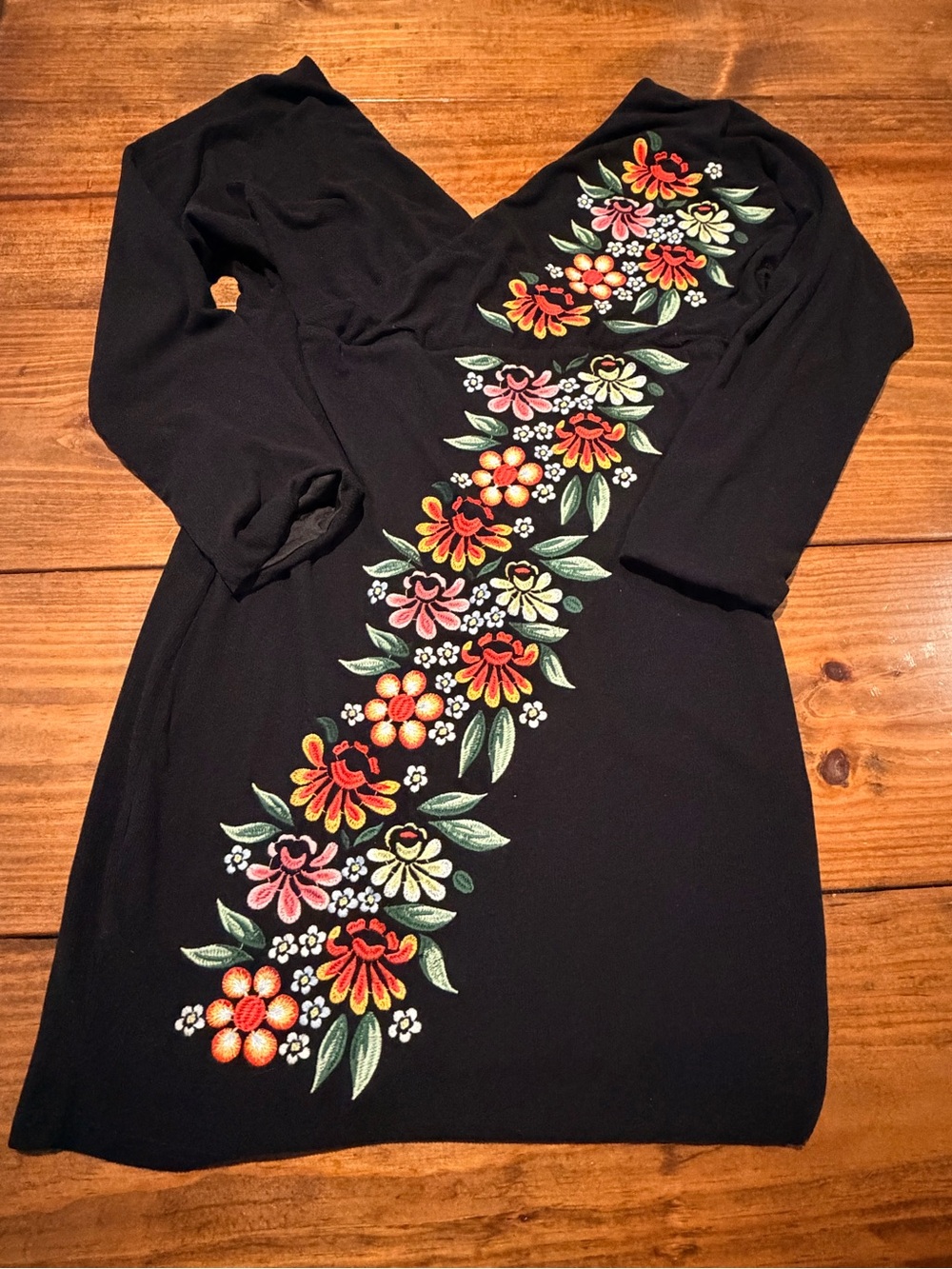 Black Mini Dress with Vibrant Diagonal Floral Embroidery